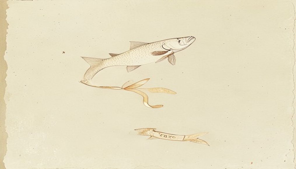 Single kosher fish leaping with a ribbon banner — minimalist launch celebration ink sketch