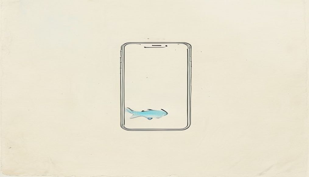 Single iPhone with a fish silhouette on screen — minimalist iOS app ink sketch