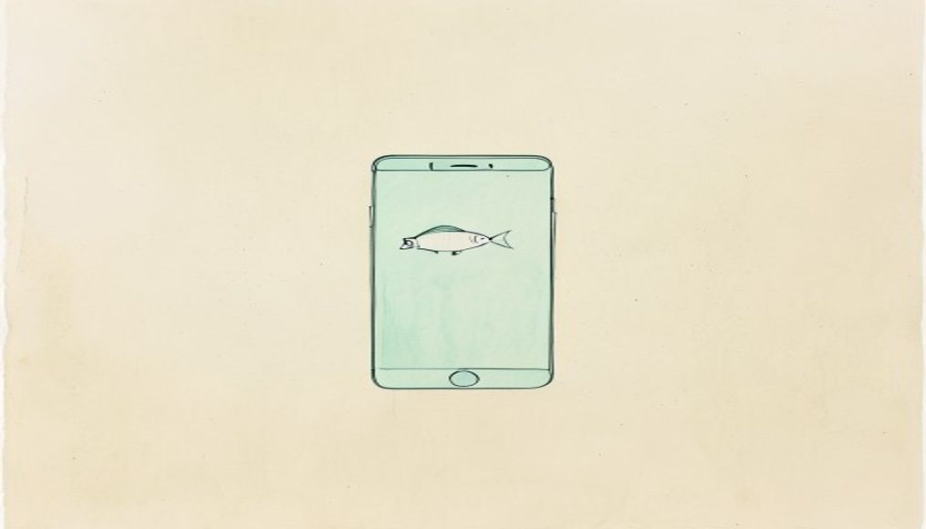 Single smartphone with a kosher fish icon on screen — minimalist mobile app ink sketch