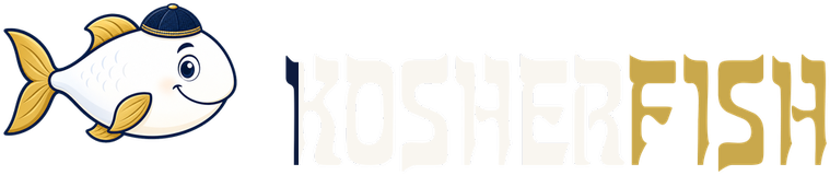 Logo featuring a cartoon white fish with yellow fins to the left of the stylized word 'KOSHERFISH' in blue and gold.