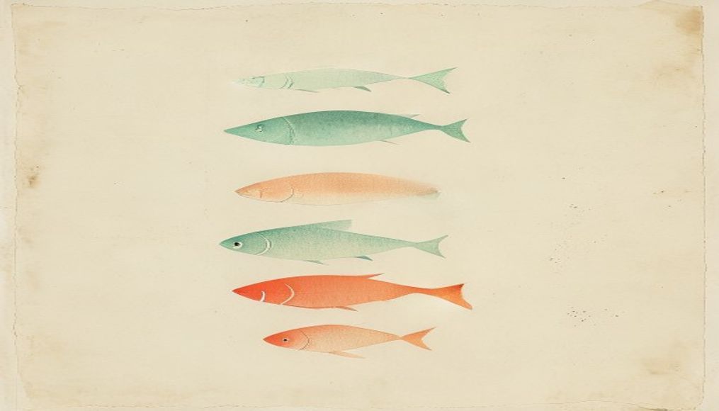 Four kosher fish silhouettes stacked vertically — minimalist common kosher fish grocery guide sketch