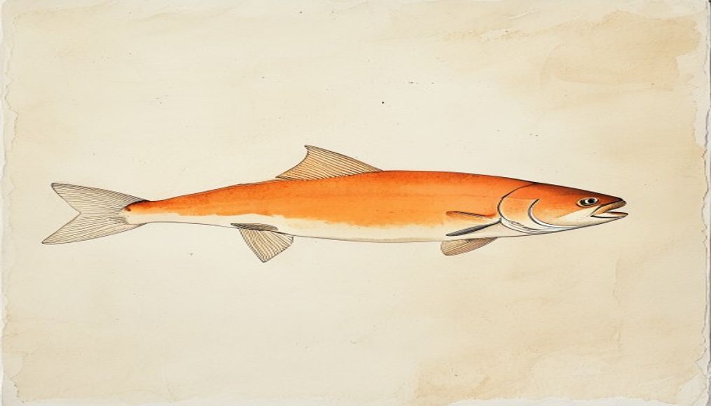 Single large salmon in profile with clean scale and fin detail — minimalist kosher fish guide ink sketch