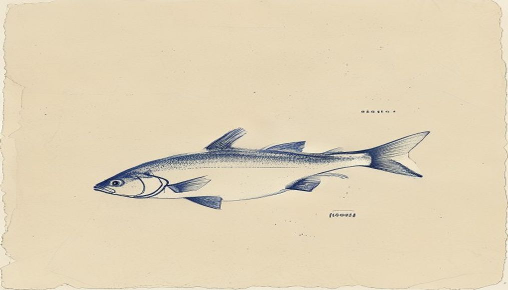 Single fish in profile with labeled fin and scales arrows — minimalist kosher law diagram sketch