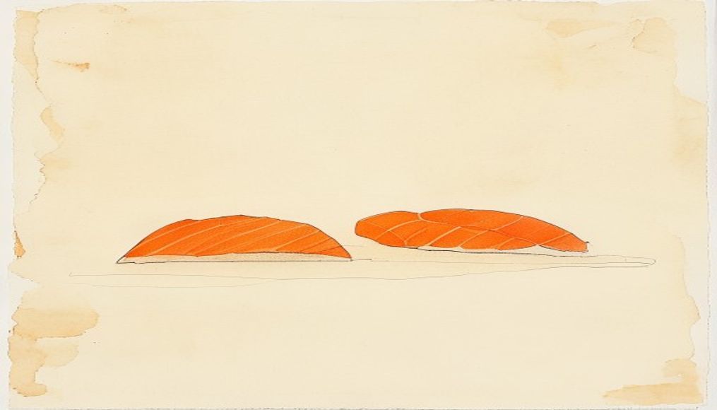 Three pieces of salmon nigiri sushi in a row — minimalist kosher sushi ink sketch
