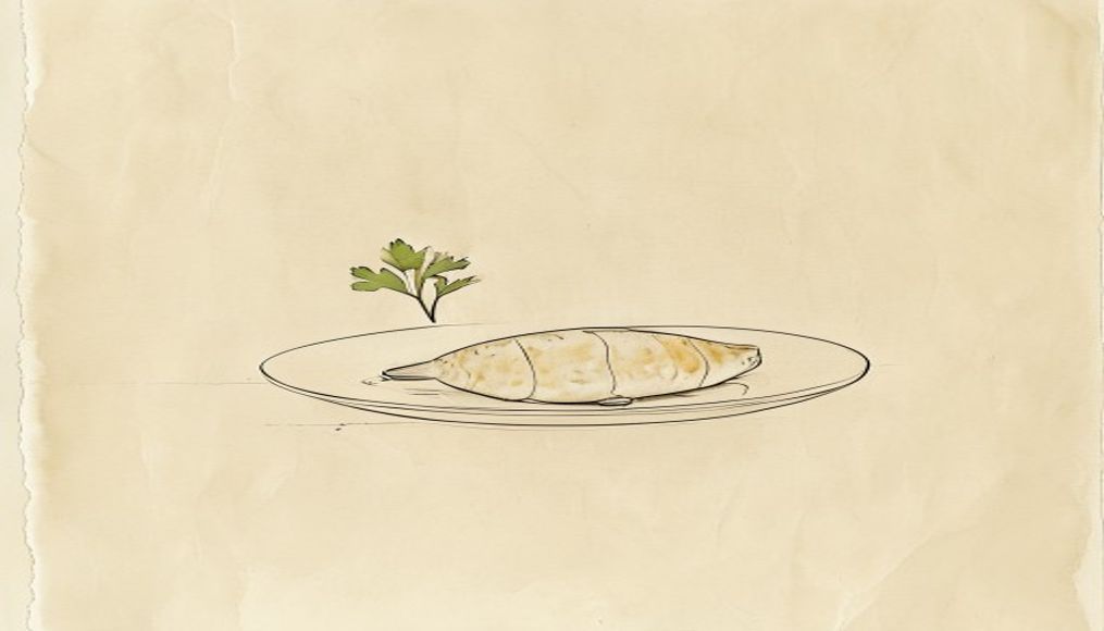 Single gefilte fish portion with parsley on a small dish — minimalist traditional Jewish food sketch