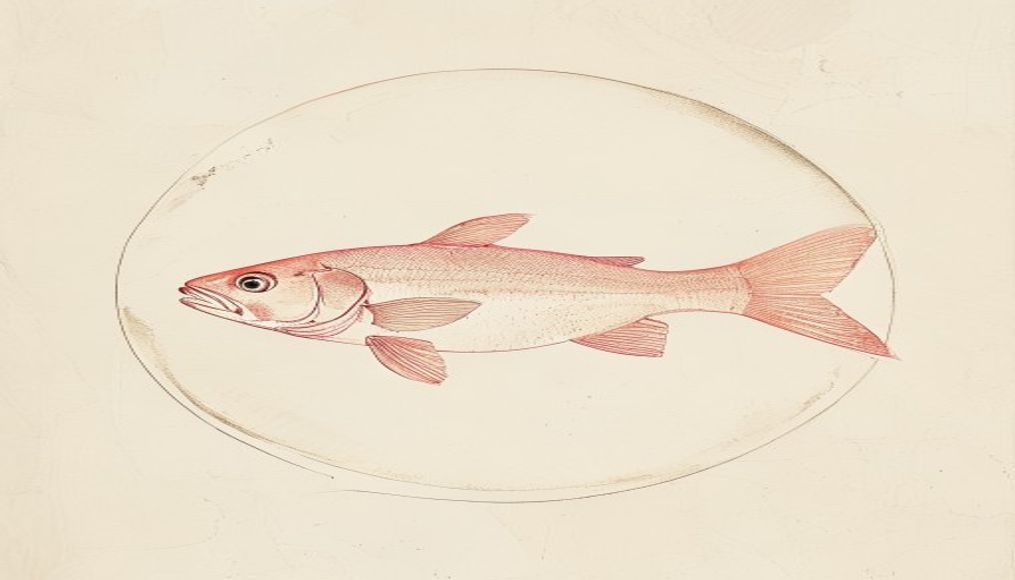 Single whole kosher fish on an oval plate — minimalist Shabbat dinner ink sketch
