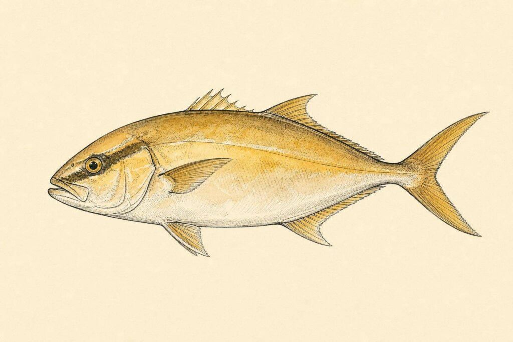 Is amberjack kosher illustration - minimalist ink sketch of a whole amberjack fish showing fins and scales