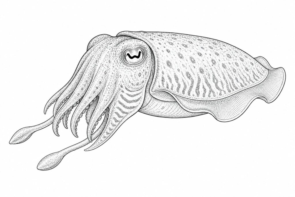 Is cuttlefish kosher: sketch illustration of a cuttlefish showing no fins or scales