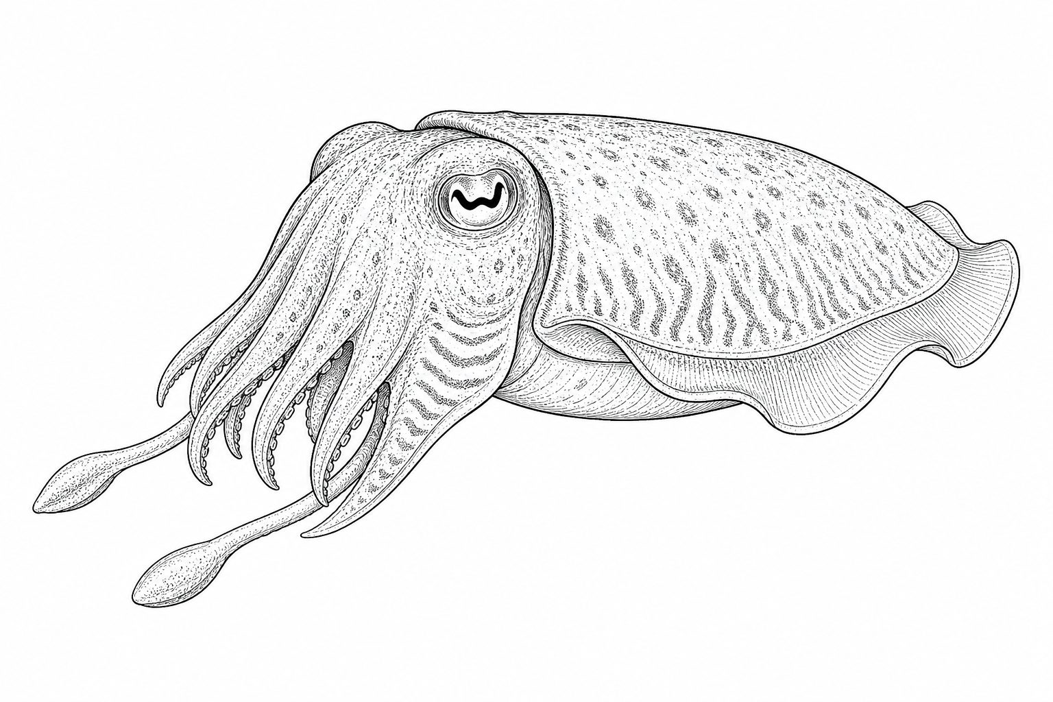 Is cuttlefish kosher: sketch illustration of a cuttlefish showing no fins or scales