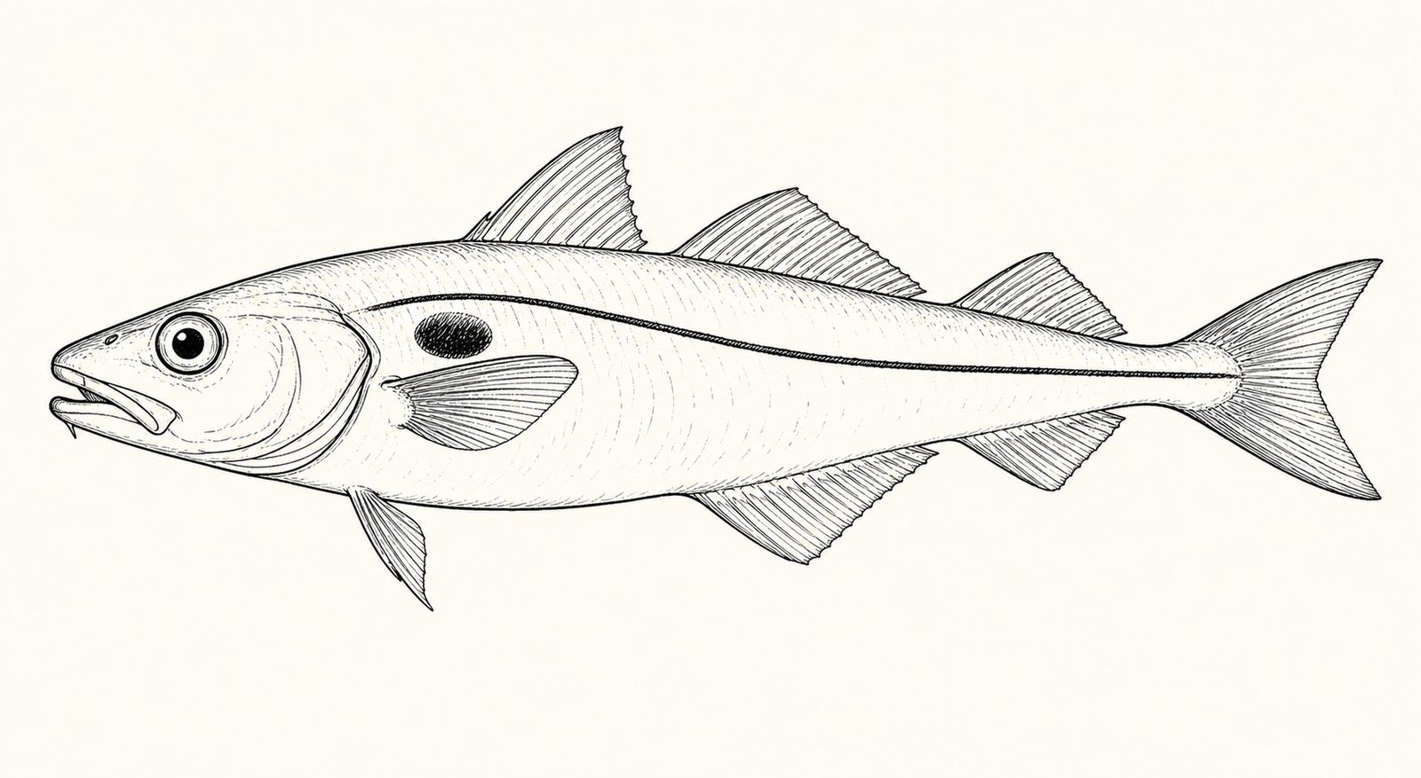 Is haddock kosher: sketch illustration of a haddock showing its fins and scales
