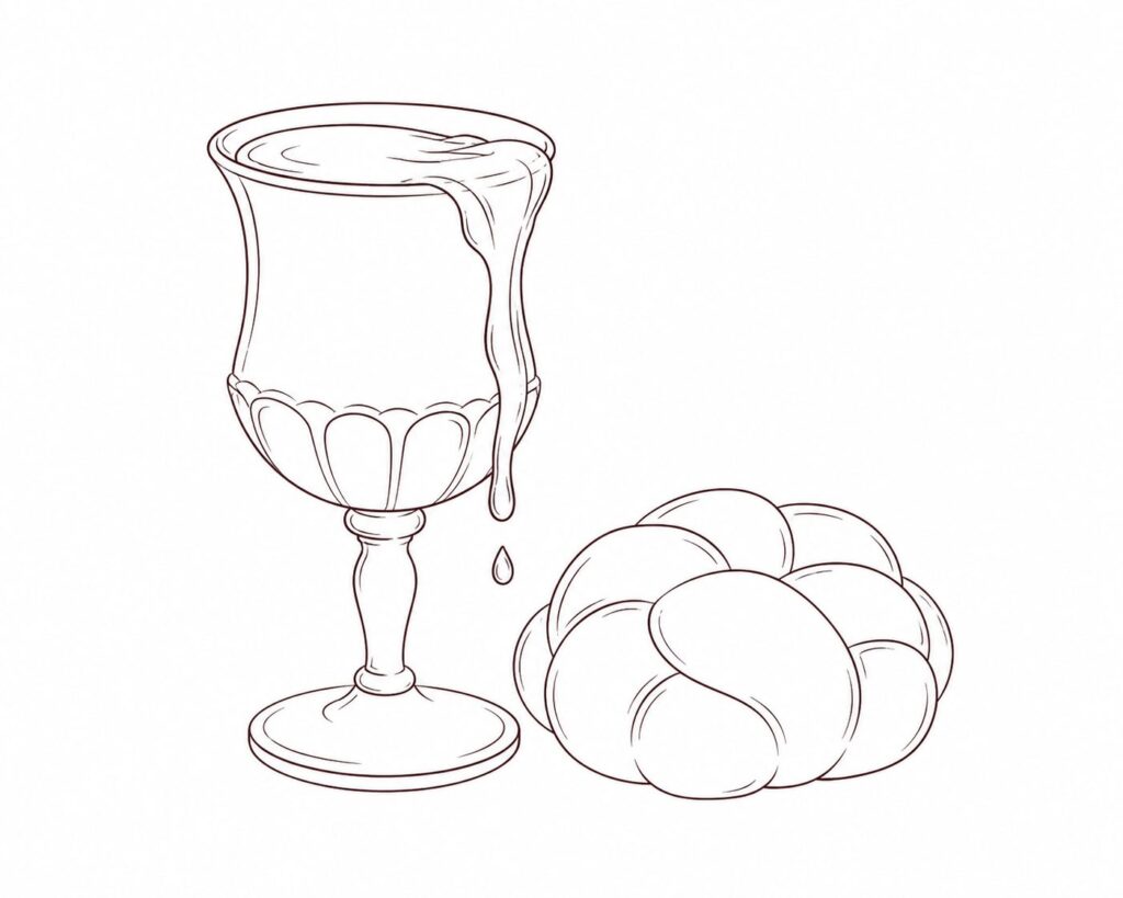 Is wine kosher illustration of a kiddush cup and braided challah for Shabbat