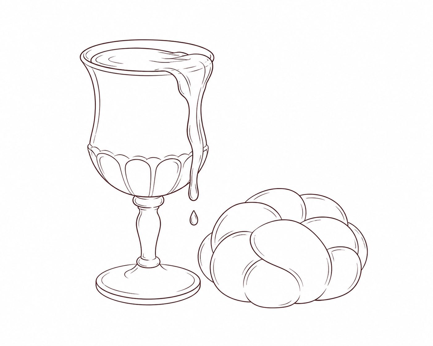 Is wine kosher illustration of a kiddush cup and braided challah for Shabbat