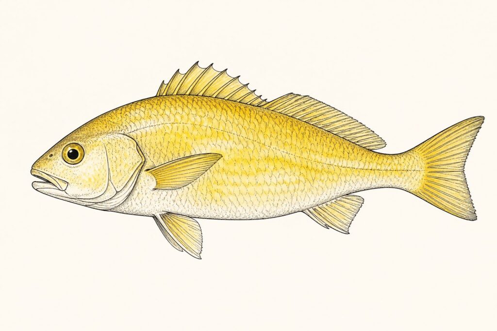 Is yellow croaker kosher? Sketch illustration of a yellow croaker fish showing its fins and scales