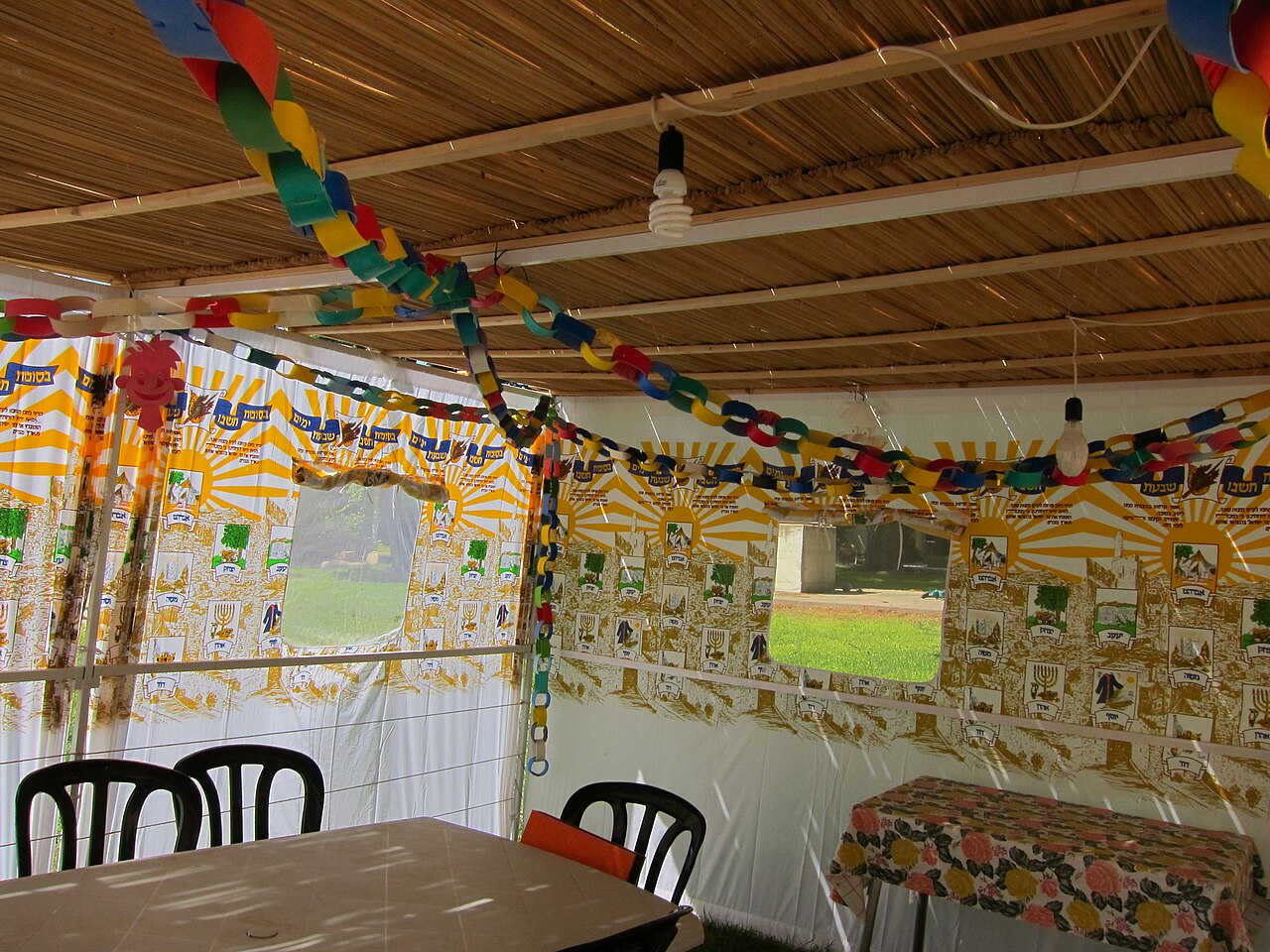 A decorated sukkah set for a Sukkot kosher foods holiday meal