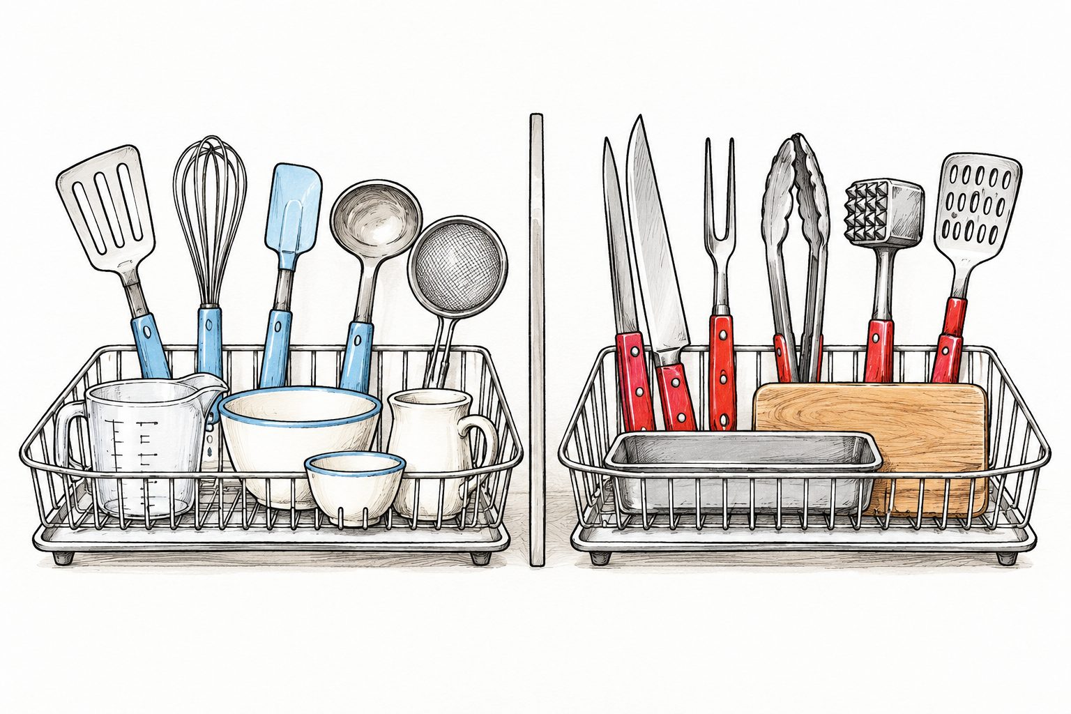 How to set up a kosher kitchen: separate blue dairy and red meat utensil racks