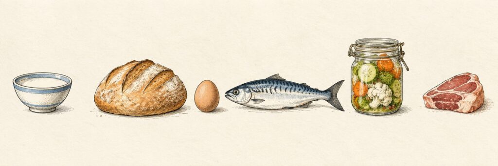 What does pareve mean - sketch of neutral foods like bread, an egg, and a fish between dairy and meat