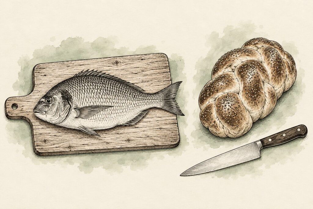 What does treif mean: sketch of a whole scaled fish on a cutting board beside a challah and a chef knife