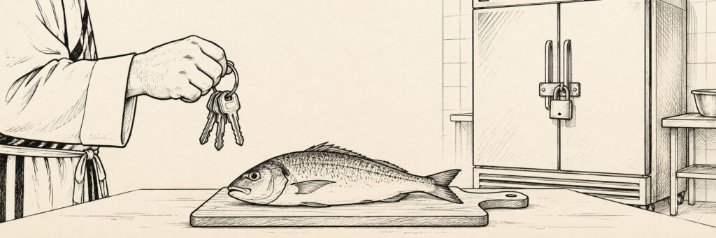 What is a mashgiach: sketch of a supervisor holding kitchen keys beside a fish on a cutting board