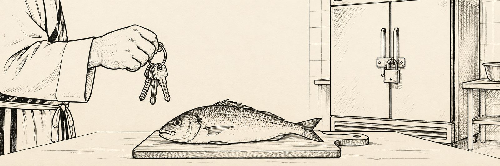 What is a mashgiach: sketch of a supervisor holding kitchen keys beside a fish on a cutting board